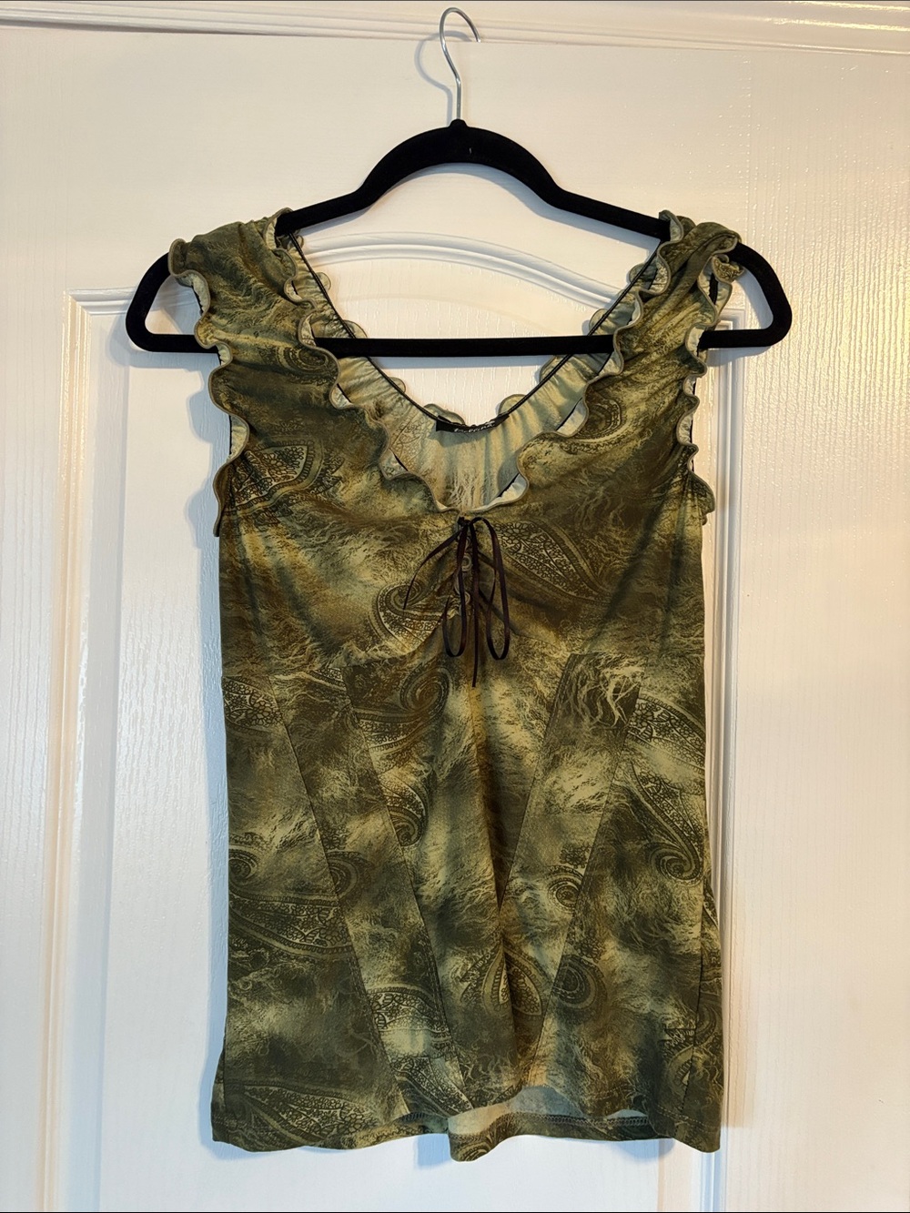 Women's Olive Green Ruffle V-Neck Tank with Tie Detail